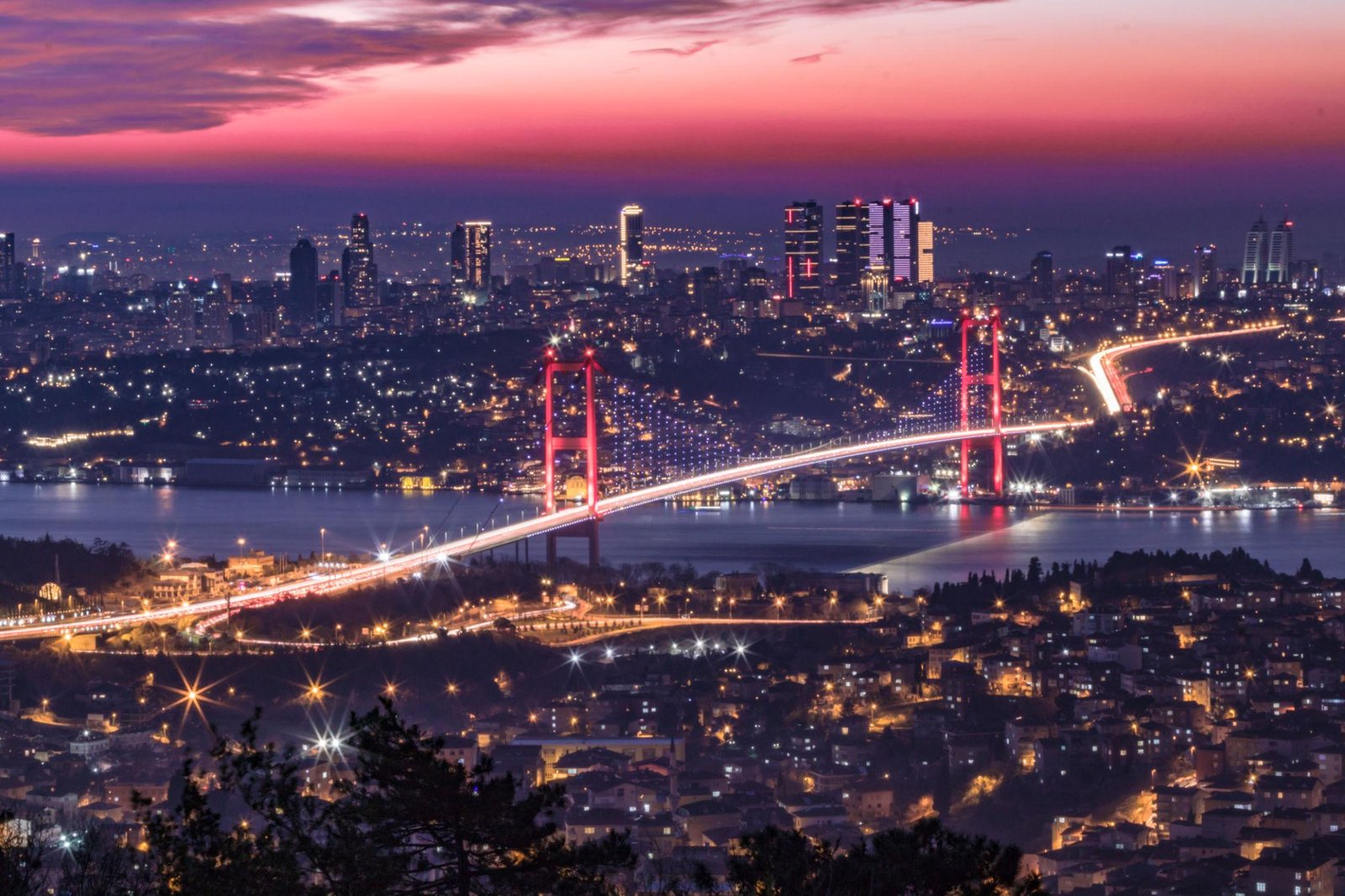 Istanbul skyline with Bosphorus bridge and city lights Turkey